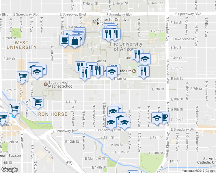 map of restaurants, bars, coffee shops, grocery stores, and more near 1215 East 7th Street in Tucson