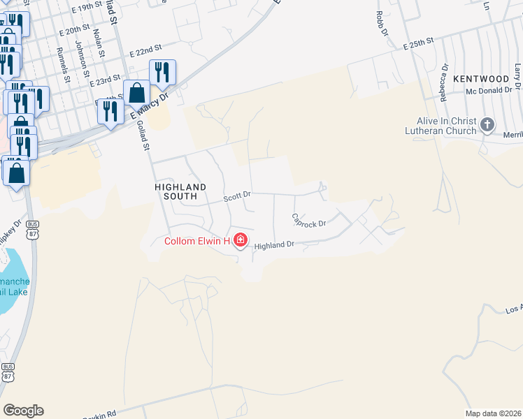 map of restaurants, bars, coffee shops, grocery stores, and more near 756-806 Scott Drive in Big Spring