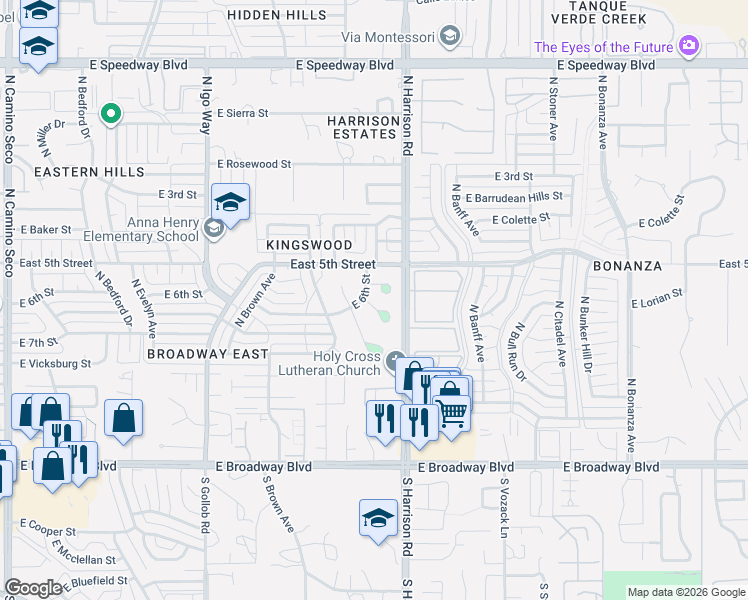 map of restaurants, bars, coffee shops, grocery stores, and more near 9353 East 6th Street in Tucson