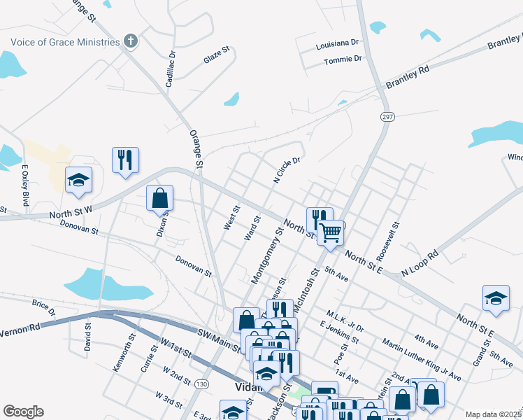 map of restaurants, bars, coffee shops, grocery stores, and more near 403 North Saint West in Vidalia