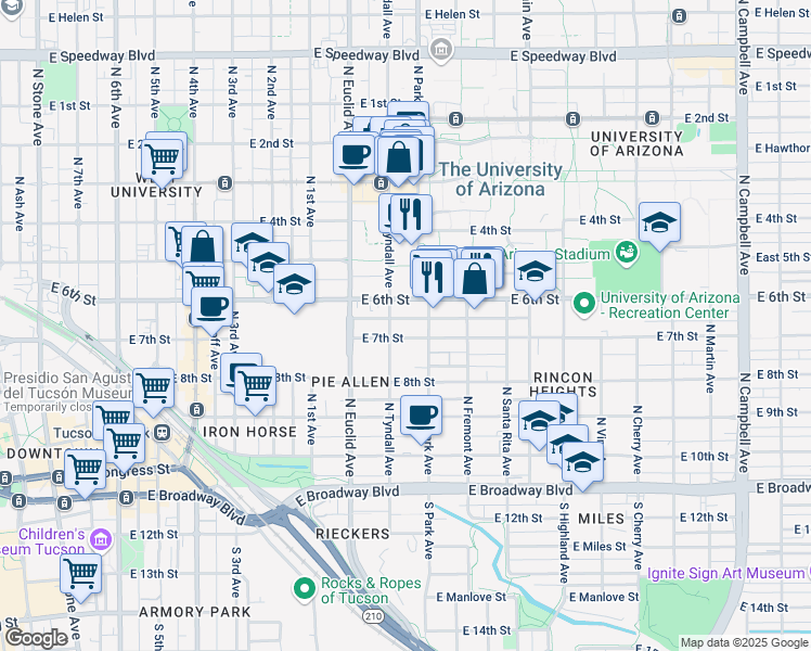 map of restaurants, bars, coffee shops, grocery stores, and more near 447 North Tyndall Avenue in Tucson