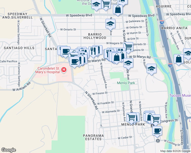 map of restaurants, bars, coffee shops, grocery stores, and more near 1430 West Calle Platino in Tucson