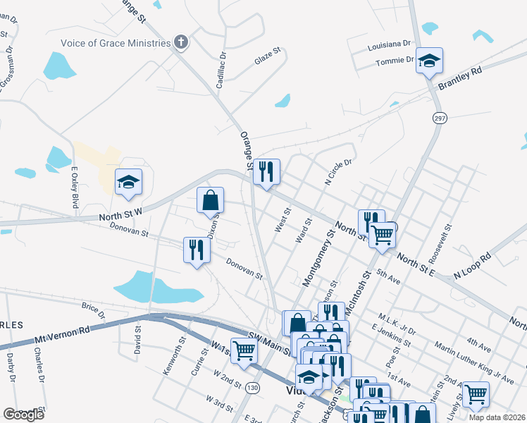 map of restaurants, bars, coffee shops, grocery stores, and more near 501 Georgia Street in Vidalia