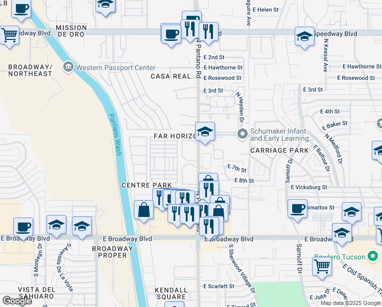 map of restaurants, bars, coffee shops, grocery stores, and more near 445 North Pantano Road in Tucson