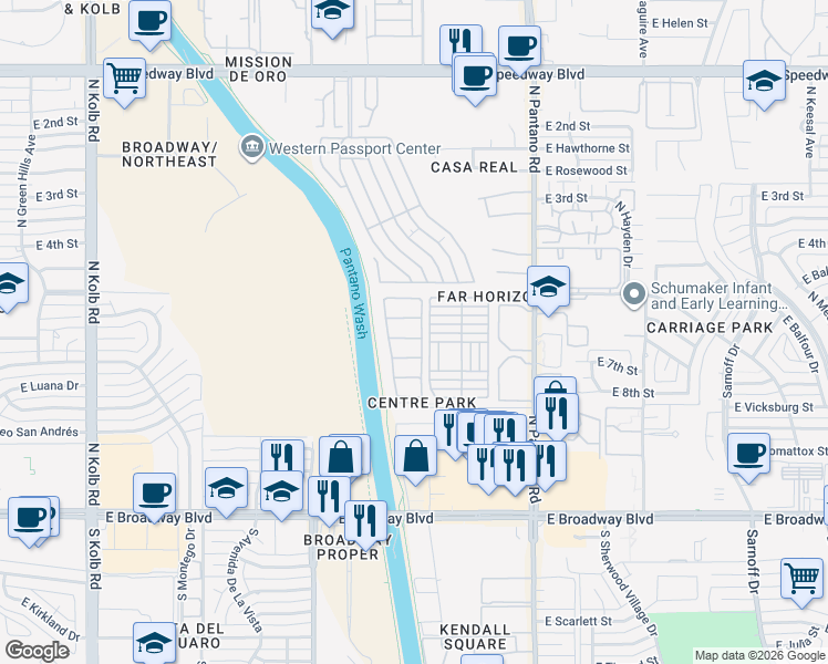map of restaurants, bars, coffee shops, grocery stores, and more near 7655 East Chase Park Loop in Tucson
