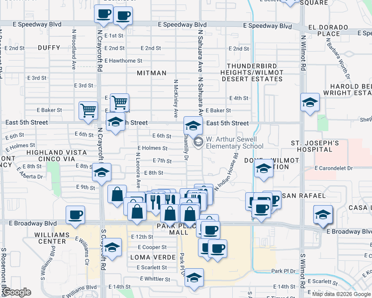 map of restaurants, bars, coffee shops, grocery stores, and more near 5756 East 6th Street in Tucson