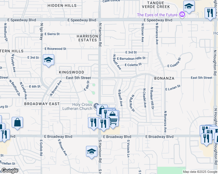 map of restaurants, bars, coffee shops, grocery stores, and more near 550 North Harrison Road in Tucson