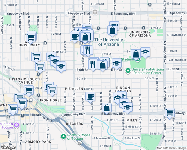 map of restaurants, bars, coffee shops, grocery stores, and more near 443 North Park Avenue in Tucson