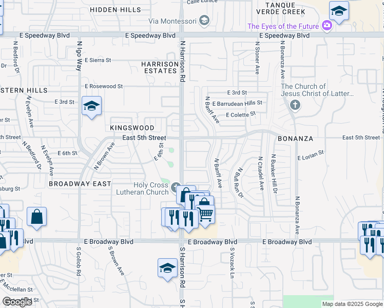 map of restaurants, bars, coffee shops, grocery stores, and more near 550 North Harrison Road in Tucson