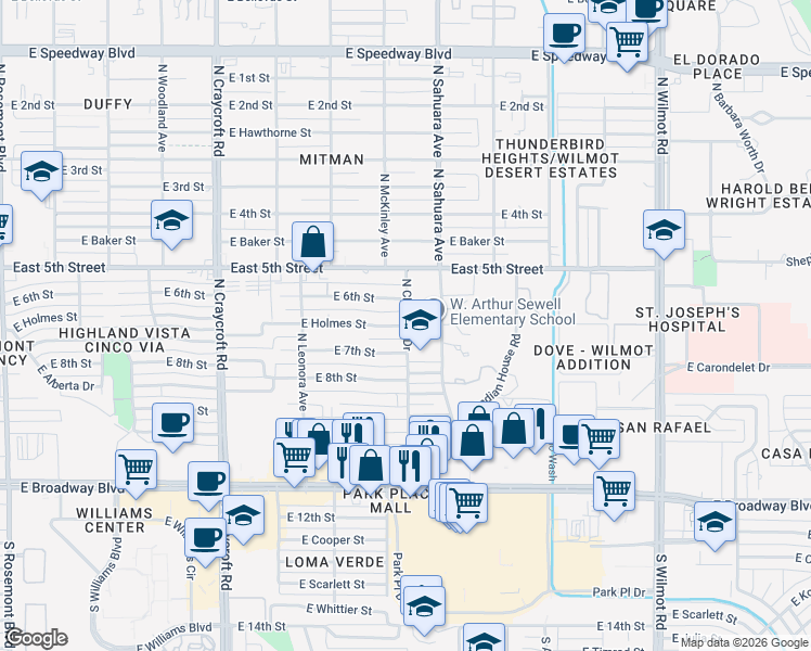 map of restaurants, bars, coffee shops, grocery stores, and more near 5756 East 6th Street in Tucson