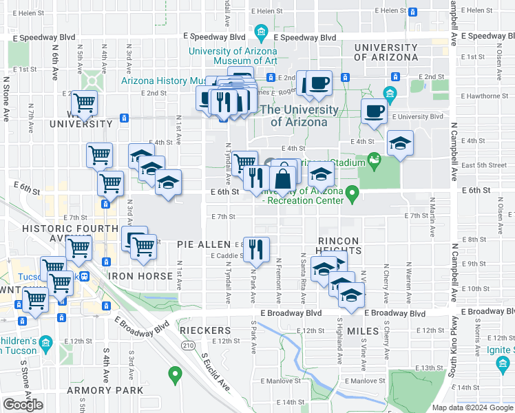 map of restaurants, bars, coffee shops, grocery stores, and more near in Tucson