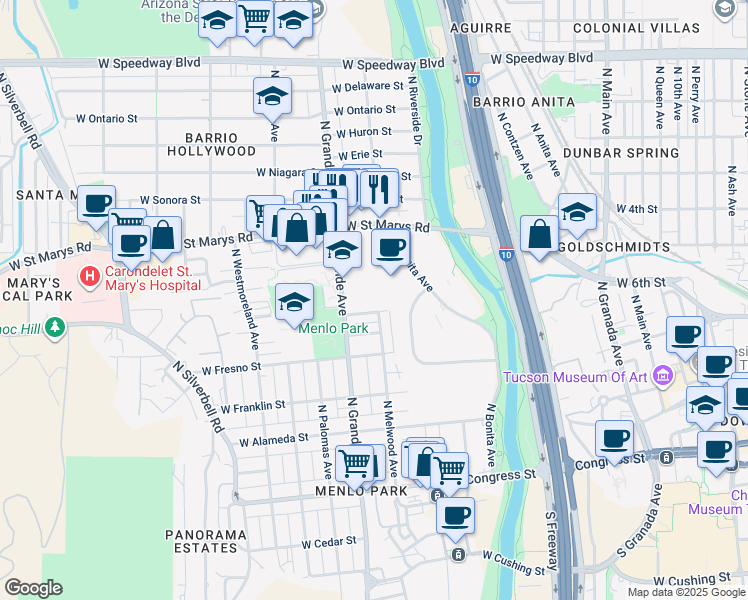 map of restaurants, bars, coffee shops, grocery stores, and more near 440 North Grande Avenue in Tucson