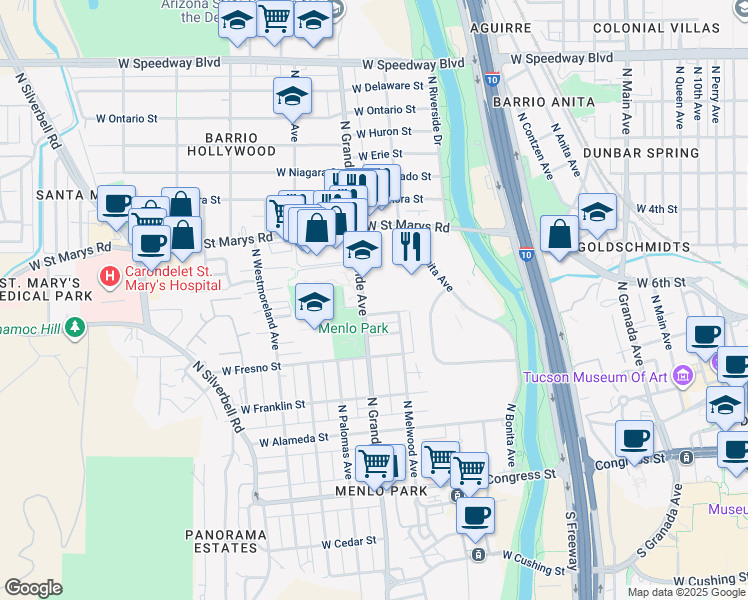 map of restaurants, bars, coffee shops, grocery stores, and more near 433 North Grande Avenue in Tucson