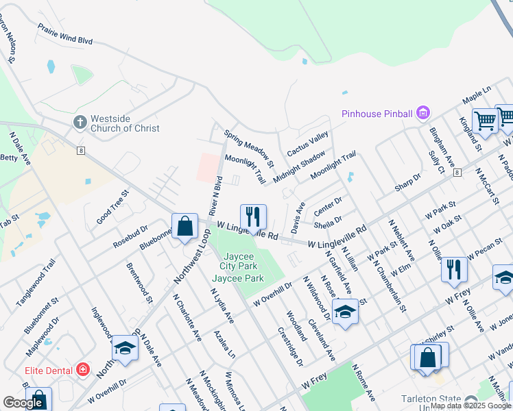 map of restaurants, bars, coffee shops, grocery stores, and more near 500 Moonlight in Stephenville