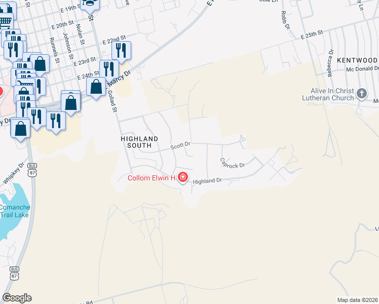 map of restaurants, bars, coffee shops, grocery stores, and more near 2 Glenwick Cove in Big Spring