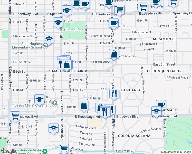map of restaurants, bars, coffee shops, grocery stores, and more near 2820 East 6th Street in Tucson