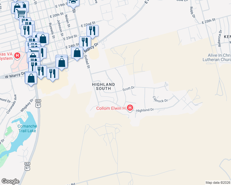 map of restaurants, bars, coffee shops, grocery stores, and more near 598 Scott Dr in Big Spring