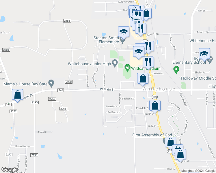 map of restaurants, bars, coffee shops, grocery stores, and more near 410 West Main Street in Whitehouse