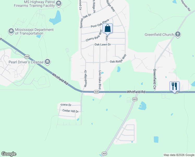 map of restaurants, bars, coffee shops, grocery stores, and more near 117 Live Oaks Boulevard in Pearl