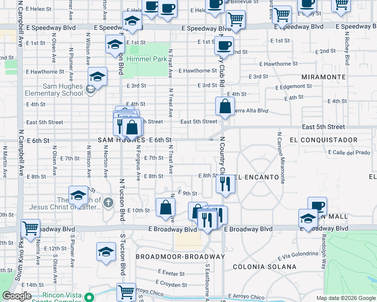 map of restaurants, bars, coffee shops, grocery stores, and more near 2820 East 6th Street in Tucson