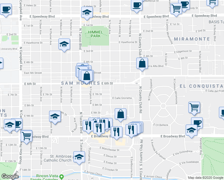 map of restaurants, bars, coffee shops, grocery stores, and more near 428 North Treat Avenue in Tucson