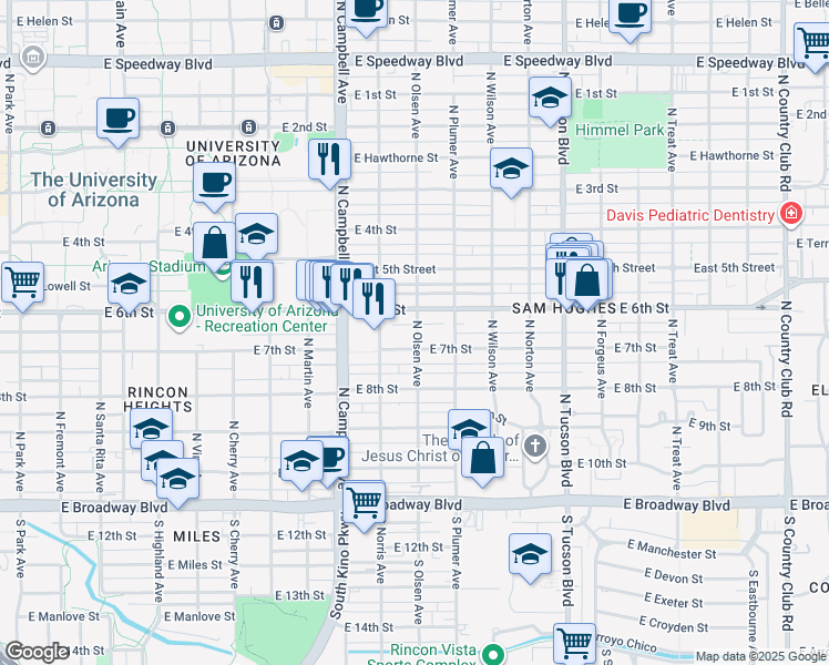map of restaurants, bars, coffee shops, grocery stores, and more near 2038 East 6th Street in Tucson