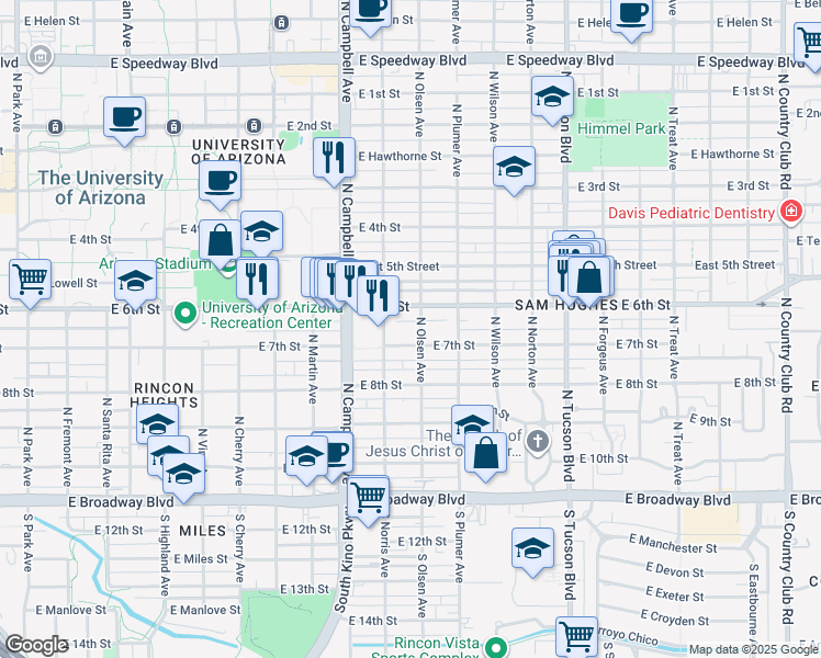 map of restaurants, bars, coffee shops, grocery stores, and more near 2038 East 6th Street in Tucson