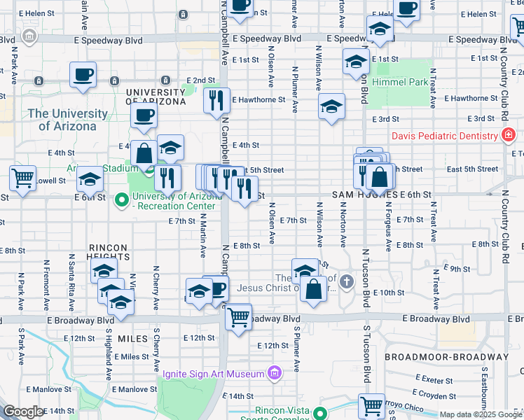 map of restaurants, bars, coffee shops, grocery stores, and more near 2038 East 6th Street in Tucson