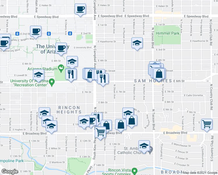 map of restaurants, bars, coffee shops, grocery stores, and more near 2038 East 6th Street in Tucson