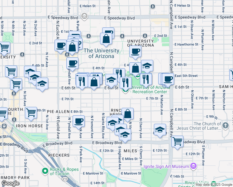 map of restaurants, bars, coffee shops, grocery stores, and more near 1300 East 6th Street in Tucson