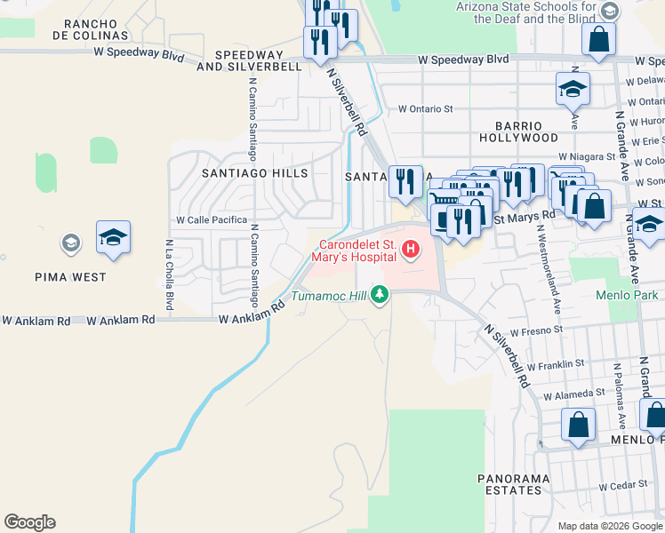 map of restaurants, bars, coffee shops, grocery stores, and more near 1775 West Saint Mary’s Road in Tucson