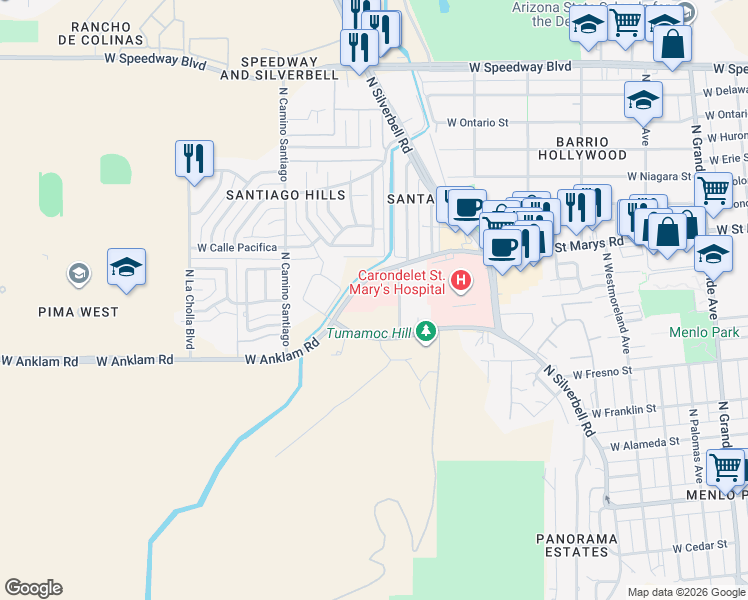 map of restaurants, bars, coffee shops, grocery stores, and more near 1775 West Saint Mary’s Road in Tucson
