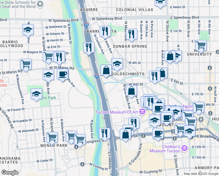 map of restaurants, bars, coffee shops, grocery stores, and more near 450 East North Street in Tucson