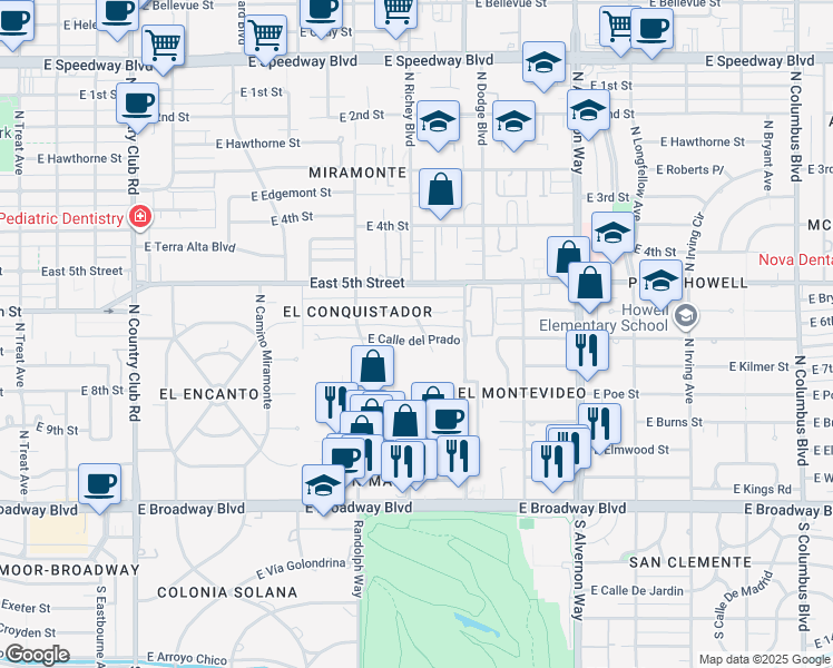 map of restaurants, bars, coffee shops, grocery stores, and more near 3565 East Calle del Prado in Tucson