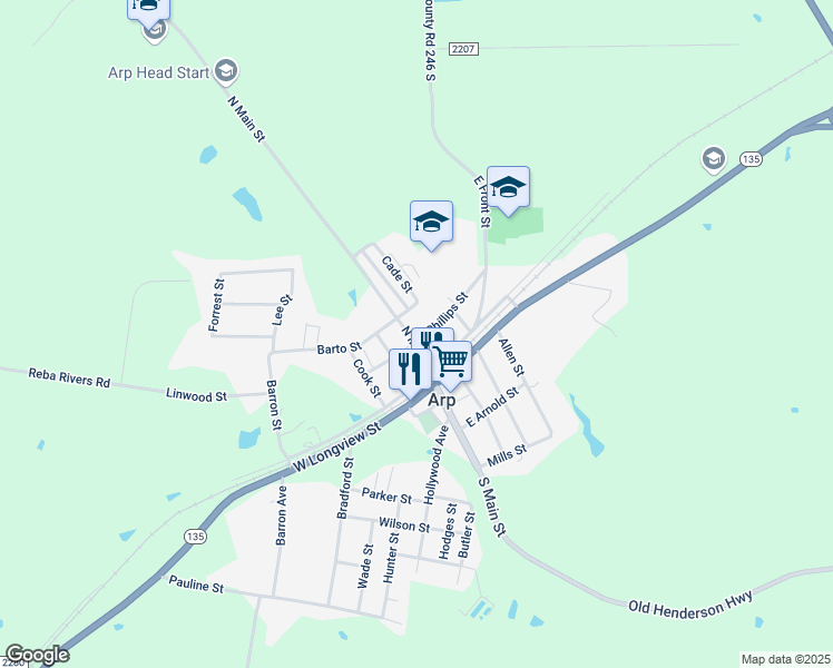 map of restaurants, bars, coffee shops, grocery stores, and more near 203 Phillips Street in Mineola