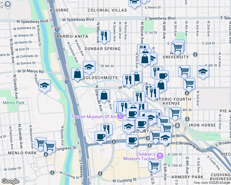 map of restaurants, bars, coffee shops, grocery stores, and more near in Tucson