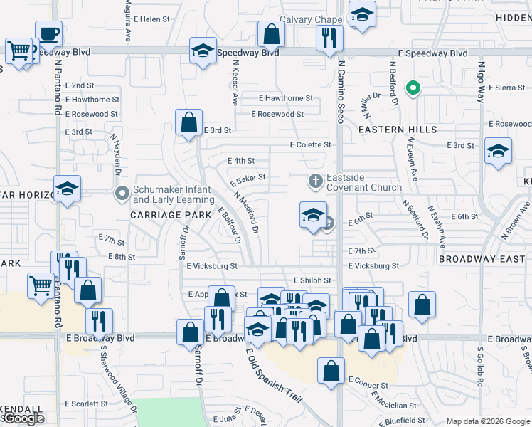 map of restaurants, bars, coffee shops, grocery stores, and more near 8425 East Medford Place in Tucson