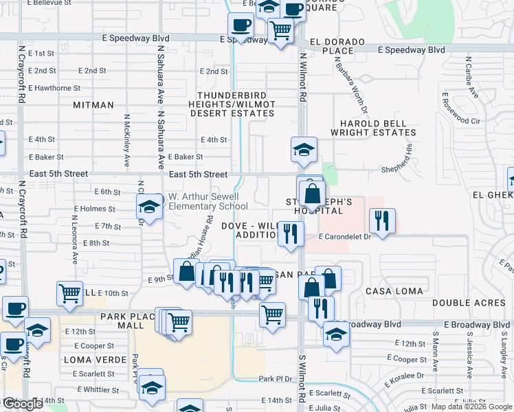 map of restaurants, bars, coffee shops, grocery stores, and more near 6120 East 5th Street in Tucson
