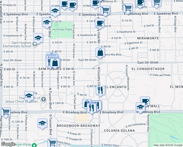 map of restaurants, bars, coffee shops, grocery stores, and more near 3020 East 6th Street in Tucson