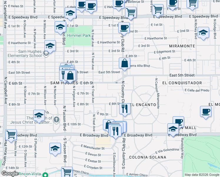 map of restaurants, bars, coffee shops, grocery stores, and more near 3020 East 6th Street in Tucson