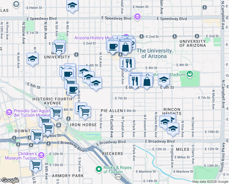 map of restaurants, bars, coffee shops, grocery stores, and more near in Tucson