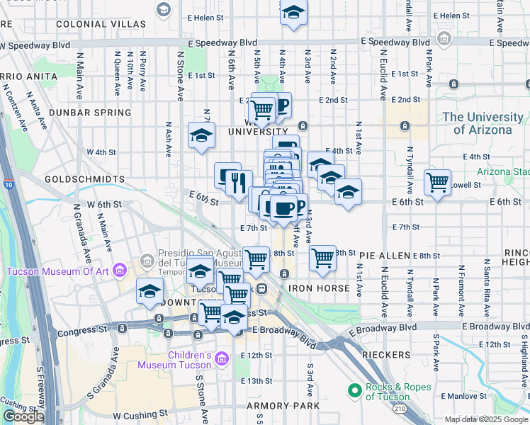 map of restaurants, bars, coffee shops, grocery stores, and more near 300 East 6th Street in Tucson