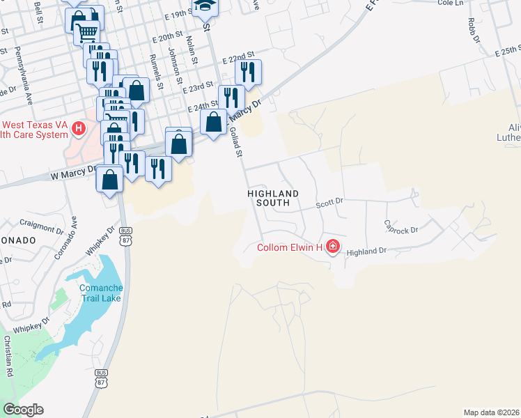 map of restaurants, bars, coffee shops, grocery stores, and more near 500-598 Scott Dr in Big Spring