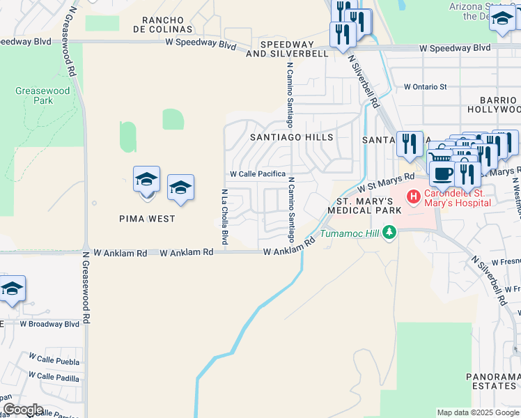 map of restaurants, bars, coffee shops, grocery stores, and more near 412 North Avenida Felicidad in Tucson