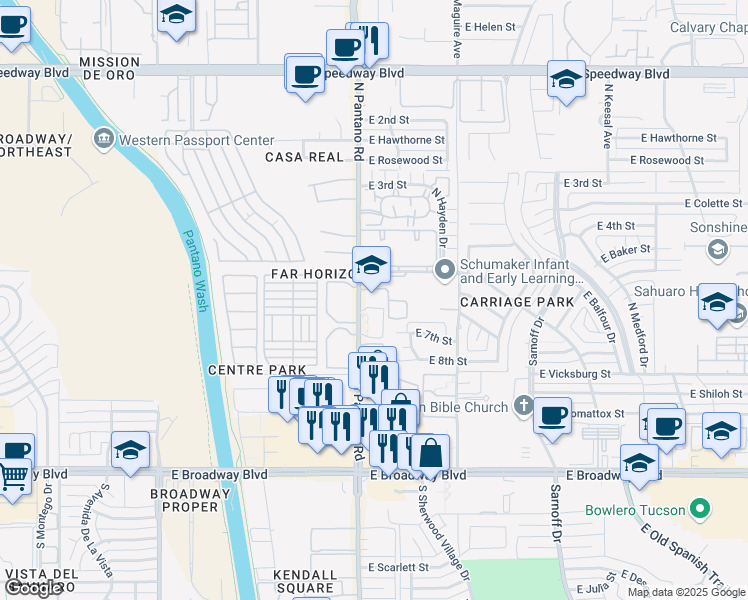 map of restaurants, bars, coffee shops, grocery stores, and more near 450 North Pantano Road in Tucson