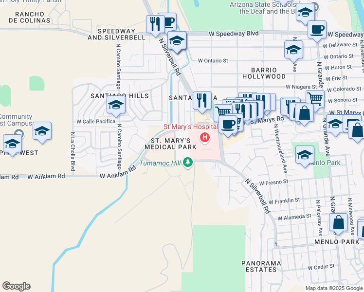 map of restaurants, bars, coffee shops, grocery stores, and more near 1707 West Saint Marys Road in Tucson