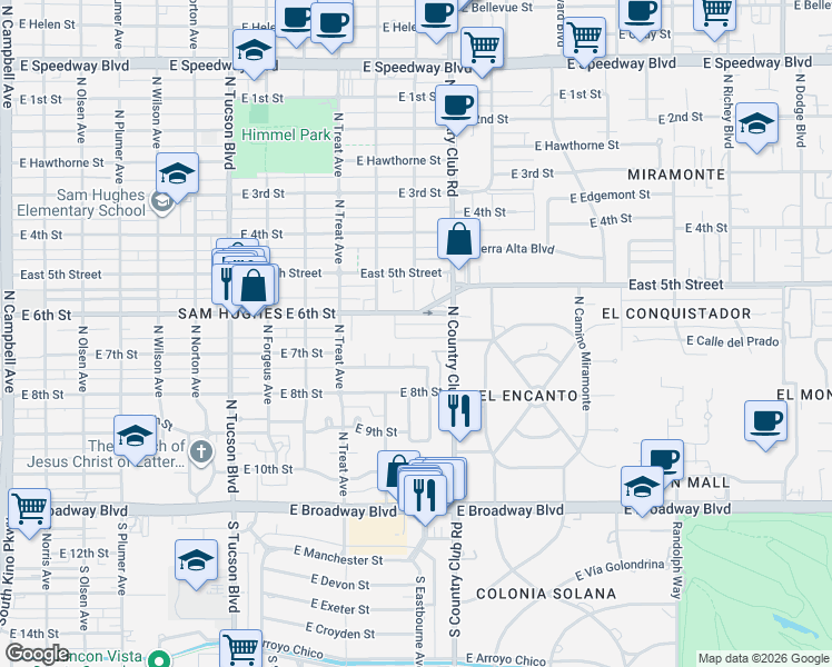 map of restaurants, bars, coffee shops, grocery stores, and more near 3016 East 6th Street in Tucson