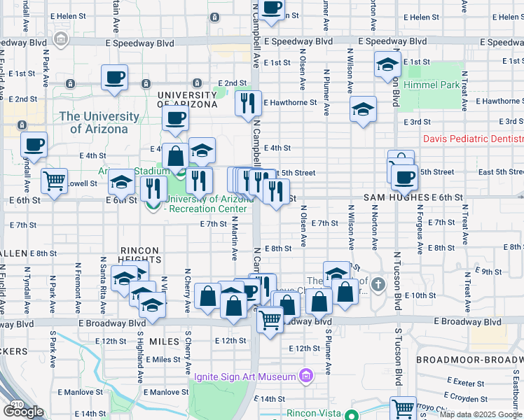 map of restaurants, bars, coffee shops, grocery stores, and more near 446 North Campbell Avenue in Tucson