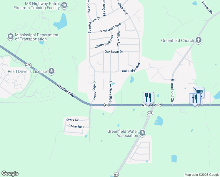 map of restaurants, bars, coffee shops, grocery stores, and more near 120 Live Oaks Boulevard in Pearl