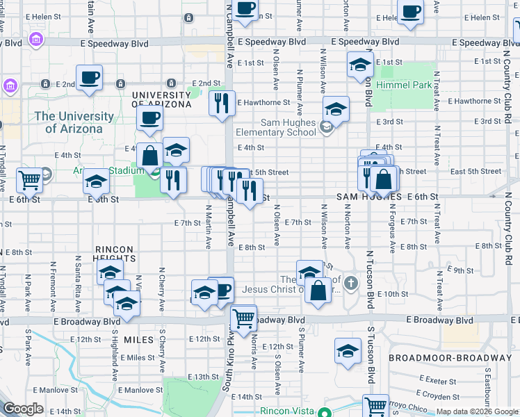 map of restaurants, bars, coffee shops, grocery stores, and more near 434 North Norris Avenue in Tucson